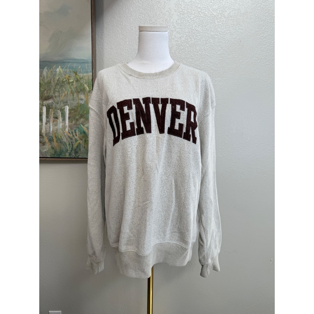 New York Popular Denver Graphic Sweatshirt XL Oatmeal Grey Chenille Applique